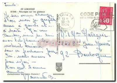 Paisagens de pastagens nos planaltos — Na Limousin — Edições Modernas « Théodace » n°87/345 — Verso