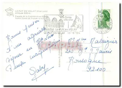 Le Puy-en-Velay — Fachada da Catedral e Estátua — Edições D. PIGNAC — Verso