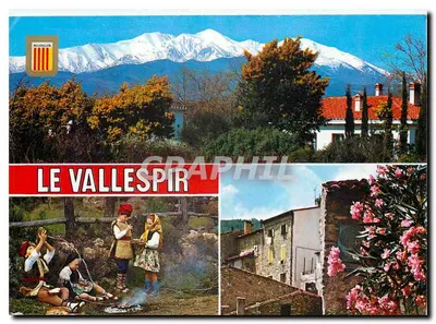 Le Vallespir — paisagem, montanhas nevadas, aldeia e crianças em traje — editor Bousser Salon, n° 2152 E