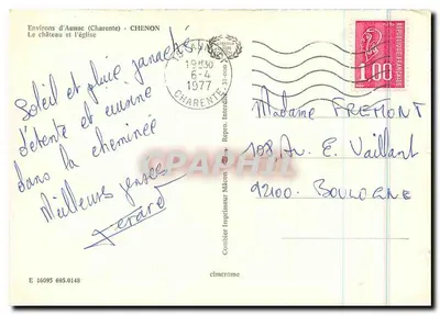 Chenon (Charente) — O castelo e a igreja — Comblot Impressor Mâcon — Verso