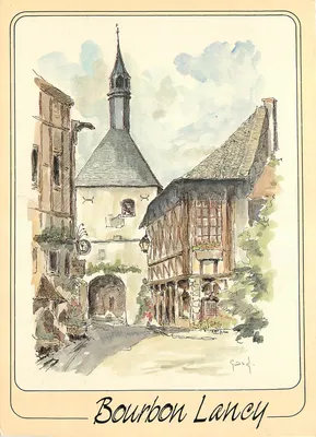 Bourbon-Lancy — vista da rua com igreja — aquarela de G. Audusseau