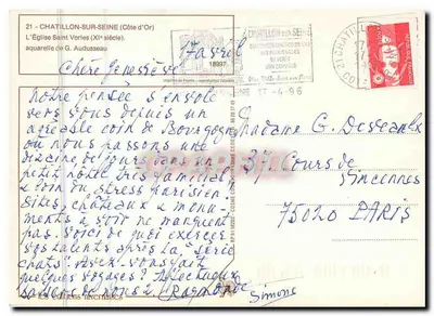 Chatillon-sur-Seine — kościoł Świętego Vorlesa (XI wiek) — aquarela G. Audusseau — Rewers