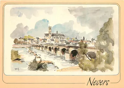 Nevers — vista do ponte sobre a Loire e da catedral Saint-Cyr — Aquarela de G. Audusseau, n° 19394