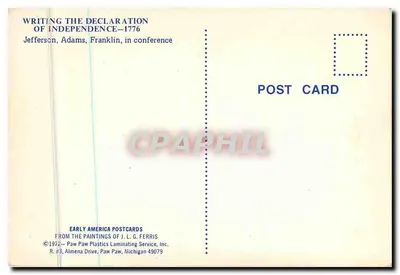 Escrevendo a Declaração de Independência — 1776 — Early America Postcards — Verso