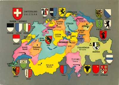 Carta postal da Suíça — mapa dos cantões com armas — Edições Helio