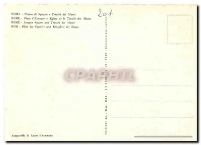 Piazza di Spagna e Igreja da Trindade dos Montes — reprodução de aquarela — Edições Al. Ma. Rai, Via Sabatino, 46, Roma — Verso