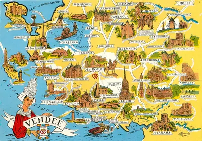 Vendée — Carta postal ilustrada com mapa da região — Editor ARTAUD Frères, Nantes