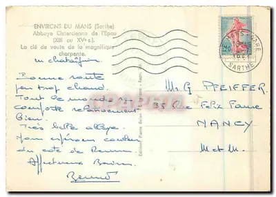 Abadia Cisterciense de l'Épau — A chave de arco da magnífica estrutura de madeira — Edições Pierre Belon, Le Mans — Verso