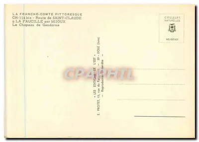 A Franche-Comté pitoresca — CH-114 bis - Estrada de Saint-Claude para La Faucille por Mijoux — O Chapéu do Guarda — Edições do Leste — Verso