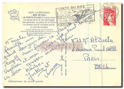 La Pointe du Raz — statua NMP Zatopionych, fara i fale — Wydawnictwo Jean — Rewers