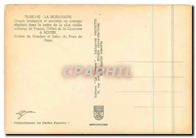 Casal burguês e empregada em traje regional — no interior da mais antiga hospedaria da França, o Hotel de la Couronne em Rouen — Éditions Hachette — Verso