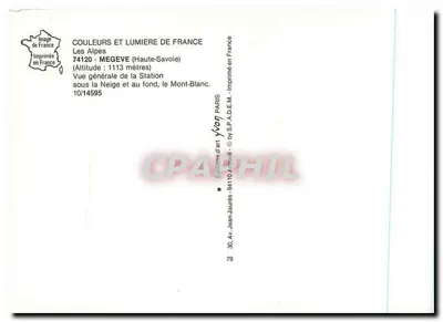 Mégeve — Ogólny widok stacji pod śniegiem i w tle Mont-Blanc — Wydawnictwo Francja — Rewers