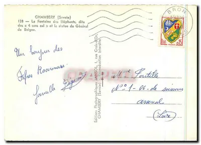 Chambery (Savoie) — Fontanna Elefantów, zwana « 4 bez tyłka » i rzeźba generała de Boigne — Wydawnictwo JANSOL — Rewers