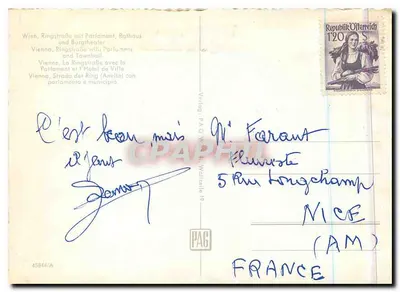Viena, Ringstraße com o Parlamento e o Palácio Municipal — editor PAG, n° 45844/A — Verso