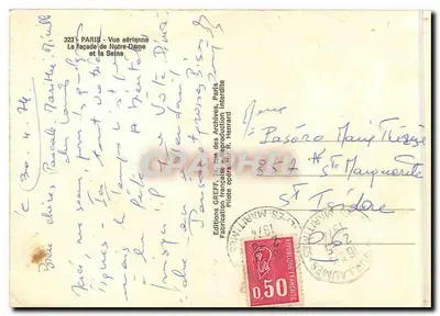 Paryż — Widok z lotu ptaka fasady Katedry Notre-Dame i Seiny — Wydawnictwo GREFF, n°323 — Rewers