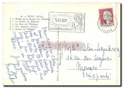Vichy — Fonte dos Célestins, piscina, torre da hora, vista aérea — Éditions du Globe, Paris — Verso