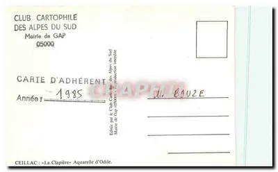 La Clapière — Aquarel van Odile — Uitgegeven door het Cartofielclub van de Zuidelijke Alpen, Gemeente Gap — Achterkant