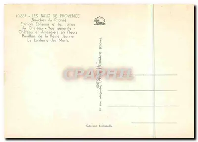 Les Baux de Provence — ogólna wersja, ruiny, zamek, kwitnące drzewa amandowe, pałac Królowej Jeannej, latarnia śmierci — Wydawnictwo Lyoncolor, Lyon — Rewers