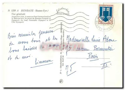 Hendaye (Basse-Pyrénées) — ogólny widok z nowym międzynarodowym mostem nad Bidassoa, punktami granicznymi francuskimi i hiszpańskimi oraz wybrzeżem hiszpańskim — Élécé — Rewers