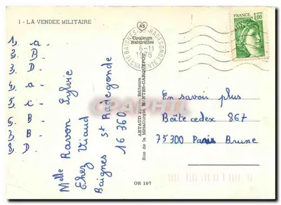 La Vendée Militaire — Cartolina illustrata con ritratti di capi vendeani e mappa della regione — Editore: Artaud Frères, Nantes — Verso
