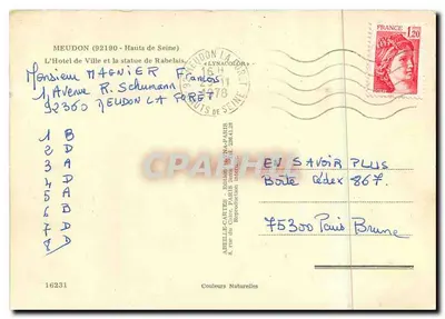 Estátua de Rabelais — Meudon — editor APELLE-CARTES, n° 16231 — Verso