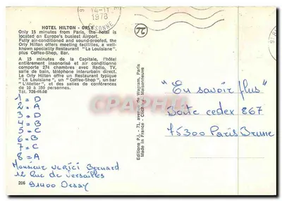 Hotel Hilton Orly — Parijs — Edities P.I. Parijs — Achterkant
