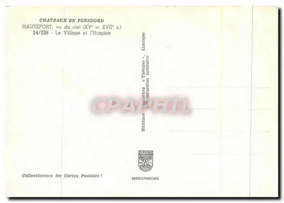 Hautefort — visão aérea do castelo e do vilarejo — Edições Méxichrome — Verso