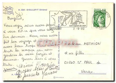 Dieulefit — widok placu z kościołem i tarasami — Wyd. J. Cellard, nr 334 — Rewers