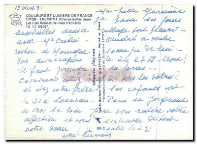 Flores de rosas trémières — Talmont-sur-Gironde — Impreso por S.P.A.D.E.M. y editado por Éditions d'Art — Reverso