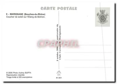 Marignane — Pôr do sol no Étang de Bolmon — Club Cartophilien Marignanais — Verso