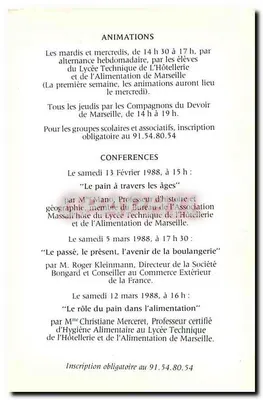 O Pão — Animations, exposições, conferências — Maison de l'Artisanat et des Métiers d'Art, 1988 — Verso