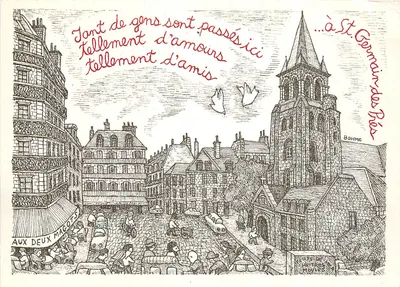 St-Germain-des-Prés — vista da praça com igreja — desenho de Lawrence Bohme