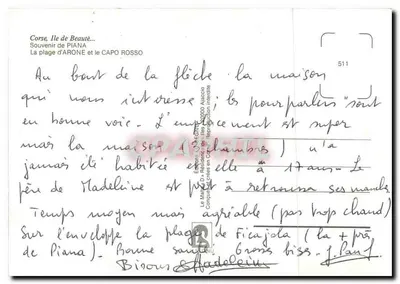 Praia de Arone e o Capo Rosso — Córsega, Ilha da Beleza — Edições J. Ajaccio, n° 511 — Verso