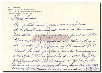 Bilhete postal moderno Troyes (Aube) Capital da Champagne A Catedral de São Pedro e São Paulo Iniciada em 120 — Verso