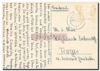 Zimowy krajobraz śnieżny — kartka życzeń z Bożego Narodzenia — wydawca nieznany — Rewers
