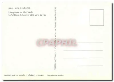 Zamek w Lourdes i rzeka Gave de Pau — Pyrénées — Lithografia XIX wieku — Carterie Pyrénée, Toulouse — Rewers