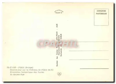 Castelo de Foix — Contraluz sobre o castelo de Foix (Ariège) — Sociedade das Cartas Postais APA-POUX ALBI — Verso