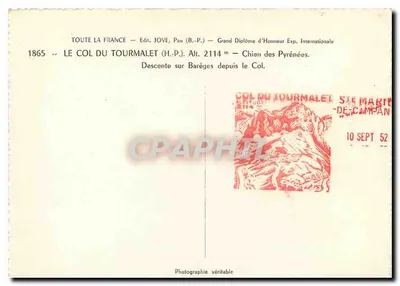 Cane al Col du Tourmalet — Strada del Pic — Ed. JOVE, Pau — Verso