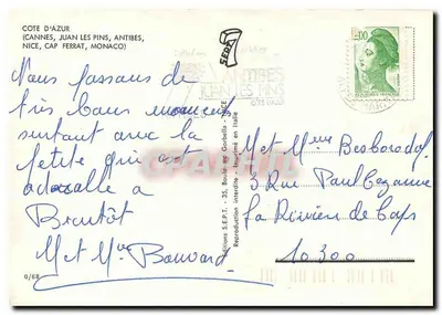Lembrança da Costa Azul — Juan les Pins, Le Cap Ferrat, Mônaco, Antibes, Cannes, Nice — Éditions S.E.P.T. - Impresso na Itália — Verso