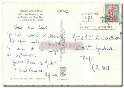 Divonne-les-Bains — widok panoramiczny z górami, kasynem i ogródkiem — wydawca Lumicap — Rewers
