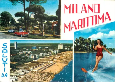 Milano Marittima — vista da praia, carro vermelho e water-ski — editor S. Scutti da
