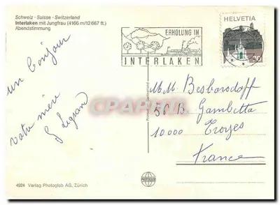 Interlaken z Jungfrau — 4166 m/12 667 ft. — Verlag Photoglob AG, Zürich, nr 4924 — Rewers