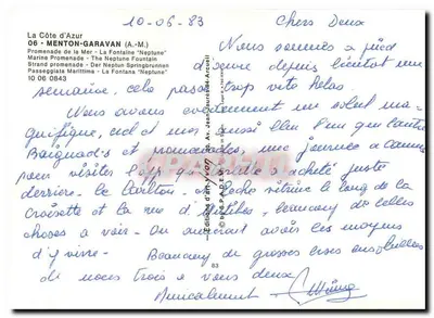 Menton - Promenade de la Mer - A Fonte Netuno — n° 0843 — Verso