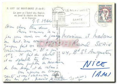 Park i hotel Sapins — na tle łańcuch Sancy i Kapucyn — Wydawca: Élèc, nr 1577 — Rewers