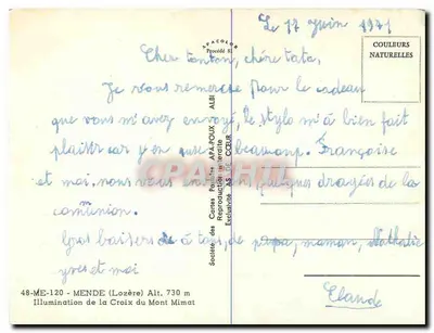 Iluminação da Cruz do Monte Mimat — Mende (Lozère) — Sociedade das Cartas Postais A.P.A.-POUX — Verso