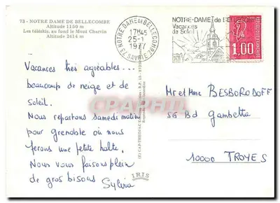 Notre-Dame de Bellecombe (Savoie) — vista de estação de esqui com teleféricos e monte Charvin — editor IRIS, n°73 — Verso