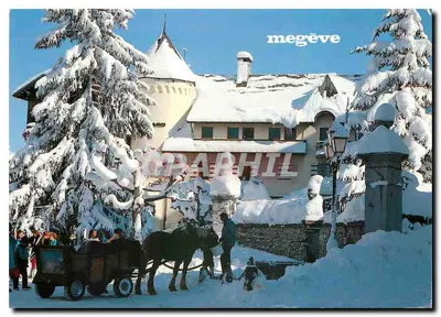 Megève — Vista invernal de um edifício com trenó a cavalo — editor PHOTO TOPS SOCQUET