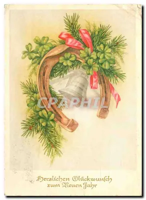 Cavalo de ferro e sineta decorados — votos de feliz ano novo — editor não visível