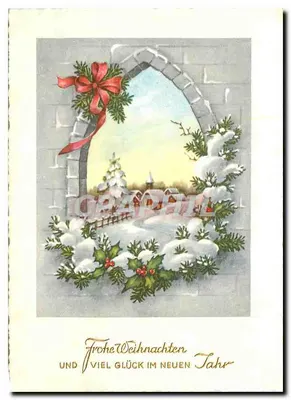 Vista invernal nevada — janela de pedra decorada com guirlandas — texto de boas-vindas em alemão