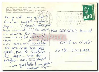 Bilhete postal moderno A Costa Azul Cabo de Antibes Juan les Pins chique e pitoresco de Juan — Verso